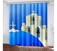 Rideau Salon Moderne Lot De 2-3D Paysage De Construction D'Océan Bleu Imprimé Rideaux Occultants, Rideau Oeillet Isolant Thermique Et Sonore pour Fenetre De Cuisine Et Chambre Enfant 264X214C