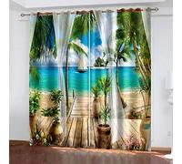 Rideau Salon Moderne Lot De 2-3D Paysage De Jardin De L'Océan Bleu Imprimé Rideaux Occultants, Rideau Oeillet Isolant Thermique Et Sonore pour Fenetre De Cuisine Et Chambre Enfant 150X164Cm (