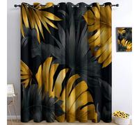 Rideau Salon Occultant 100% 183L X 214H cm, Luxe Et Élégance Rideaux Thermique Isolant Anti Froid et Phonique À Oeillets Doux Noir Et Or Feuilles Tropicales Rideaux, pour Chambre Chambre d'enfant