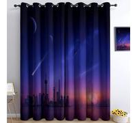 Rideau Salon occultant 100% 220l x 215h cm, futurisme Rideaux Thermique Isolant Anti Froid et phonique à Oeillets Doux Ciel Nocturne planète Ville Architecture Rideaux pour Chambre Chambre d'enfant