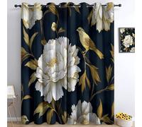 Rideau Salon Occultant 100% 280L X 260H cm, Luxe Et Élégance Rideaux Thermique Isolant Anti Froid et Phonique À Oeillets Doux Or Feuilles Fleurs Oiseaux Rideaux, pour Chambre Chambre d'enfant
