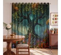 Rideau Salon Occultant 140x175cm - Mer Fleurs Arbres Anciens Isolant Thermique Rideaux À Oeillets Forêt Magique Contes Fées Décoration De Fenêtre pour Un Sommeil Réparateur et Bloquer la Lumièr, Vert