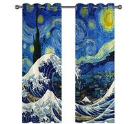 Rideau Salon Occultant 3D Art Des Vagues Étoilées Bleues Et Jaunes Motif Rideaux À Oeillets 264X214Cm 2 Panneaux Rideaux Grande Largeur Décoration De Fenêtre Pour Chambre, Isolant Thermique Et Phon