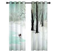 Rideau Salon Occultant 3D Ombre De Cerf Dans Une Forêt Enneigée Bleu Clair Motif Rideaux À Oeillets 264X214Cm 2 Panneaux Rideaux Grande Largeur Décoration De Fenêtre Pour Chambre, Isolant Thermique
