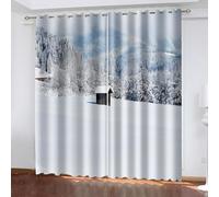 Rideau Stof Polyester, Rideau de Cuisine Occultant Gris Blanc Paysage de Forêt Enneigée de Cabane 244L x 214H CM Lot de 2
