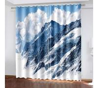 Rideau Stof Polyester, Rideau Occultant Cuisine Gris Bleu Paysage de Montagne Enneigé avec Nuages 244L x 214H CM Lot de 2