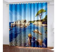 Rideau Stof Polyester, Rideaux Cuisine Occultant Bleu Beige Vert Paysage de Mer et de Pierre 102L x 214H CM Lot de 2