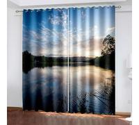 Rideau Stof Polyester, Rideaux Cuisine Occultant Bleu Vert Paysage Lacustre 244L x 214H CM Lot de 2