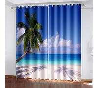 Rideau Store Occultant, Rideau Opaque Fenetre Bleu Vert Beige Paysage de Plage avec Cocotiers Polyester 2 Panneaux 204x160cm