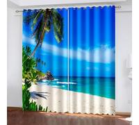 Rideau Style Boheme, Rideau Occultant Uni Bleu Vert Beige Paysage de Plage et de Cocotiers Polyester 2 Panneaux 428x183cm