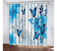 Rideau Thermique Occultant Isolant Anti Chaleur Et Anti Froid Fenetre Extérieur Grande Largeur 3D Fleur De Papillon Bleu 220X210Cm Lot De 2 Rideau Salon Chambre Enfant Moderne Rideaux À Oeillets