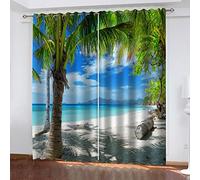 Rideau Thermique Occultant Isolant Anti Chaleur Et Anti Froid Fenetre Extérieur Grande Largeur 3D Plage Soleil Vue Mer 200X214Cm Lot De 2 Rideau Salon Chambre Enfant Moderne Rideaux À Oeillets