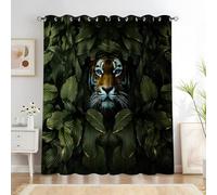 Rideau Tigre aux Yeux Bleus - Rideau Occultant Thermiques Feuilles Vertes, Lot de 2 Rideaux à Oeillets pour Decoration Chambre Salon, Draperies Intérieurs Fenetre, 117x137cm (LxH)
