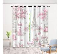 Rideau Tour Eiffel Fleur - Lot De 2 à Oeillets, Aquarelle Paris Bâtiment Floral Rideaux Occultant Opaque, Thermique Isolant Anti Froid, pour Fenêtre de Chambre, Salon, 200 x 210 cm