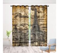 Rideau Tour Eiffel Lettre - Lot De 2 à Oeillets, Bâtiment Rétro Paris Rideaux Occultant Opaque, Thermique Isolant Anti Froid, pour Fenêtre de Chambre, Salon, 300 x 240 cm