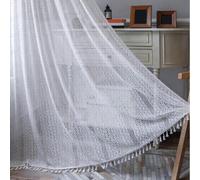 Rideau transparent fait à la main avec pompons - Cantonnière bohème en crochet pour fenêtre de style rustique - Filtrage de la lumière - 150 cm de large x 220 cm de haut - Blanc crème