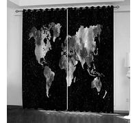 Rideau Voilage Lot De 2, 3D Carte du Monde en Noir Et Blanc Rideaux De Fenetre À Oeillets Intérieurs pour Chambre Enfant Fille 280x160 Cm Isolation Thermiques, Fenêtre pour Enfants Maison