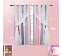Rideaux à œillets, lot de 2 Rideaux chambre Enfants Filles Occultation Opaque Rideau avec Étoile Creuse & Voile, 1.3*2.15M, Rose+Gris