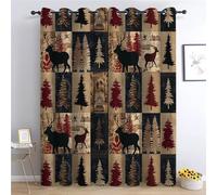 Rideaux à Œillets Style Lodge Rustique avec Cerfs et Sapins, Panneaux Semi-Occultants Thermiques Patchwork Montagne, Décor Chalet Alpin Vintage pour Salon et Chambre, 75L x 166H cm, 2 Panneaux