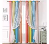 Rideaux arc-en-ciel dégradés pour chambre de fille, motif étoilé bloquant la lumière avec superposition transparente, ensemble de rideaux de fenêtre à passe-tringle (une pièce orange-bleu-jaune)