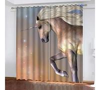 Rideaux Chambre Enfant 3D Cheval Cartoon Et Animaux du Ciel Étoilé Fille Motif Rideau Occultant Isolants Thermique Anti Froid À Oeillets 264x240Cm Salon Décoration Lot De 2 Voilages Décor Chambre Be