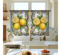 Rideaux de cuisine méditerranéens traditionnels en forme de citron, tourbillon de feuilles, rideaux de cuisine, rideaux de cuisine pour fenêtres, rideaux au-dessus de l'évier, 66 x 91,4 cm