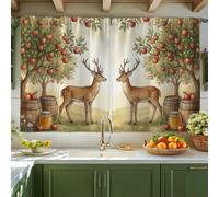 Rideaux de cuisine rustiques motif cerf, arbre fruitier, vert automne, ensemble de rideaux de fenêtre de cuisine à étages pour fenêtre au-dessus de l'évier 106,7 x 114,3 cm