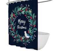 Rideaux de Douche Bleu Marine Couronne de Noël Gui Vert Feuilles et Oiseaux imprimé Tissu imperméable Baignoire décor Rideau avec Crochets 180 x 220 cm