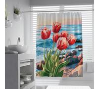 Rideaux de douche créatifs et artistiques W100xL200cm Pétale de fleurs de tulipe rouge vagues de l’océan Skyline de plage de la côte tissu polyester à séchage rapide baignoire salle de bains