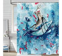 Rideaux de Douche drôles pour Salle de Bain 165 x 180 cm, Motif Baleine hilarante chevauchant Une Vague océanique, Aquarelle Mignonne Bleue avec Crochets, Tissu étanche et Lavable