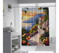 Rideaux de douche élégants de luxe W100xL200cm Maison sur sentier côtier méditerranéen Mountain Lake View Mildiou Décoration de salle de bain en polyester résistante à la moisissure avec crochets