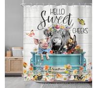 Rideaux de douche Highland Cow Farm pour la salle de bain, ensemble de douche avec vache mignonne, poulet et cochon avec des fleurs sur un camion, accessoires de bain drôles et imperméables de style