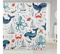 Rideaux de douche imperméables avec 12 crochets pour baignoire, baleine, crabe, étoile de mer, thème nautique, voilier - 182,9 cm de large x 182,9 cm de long