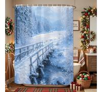 Rideaux de douche imperméables avec crochets, 91,4 x 182,9 cm, paysage d'hiver avec crochets, pont de ruisseau enneigé, pin, forêt, flocon de neige, ensemble de rideaux de douche en tissu lavable en