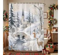 Rideaux de douche imperméables de Noël d'hiver avec crochets, 91,4 x 182,9 cm, église de campagne, pont d'arche, flocon de neige, renne, lavable en machine, pour salle de bain et hôtel