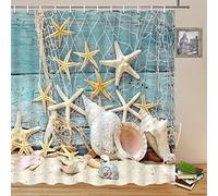 Rideaux de douche océaniques, coquillages, étoiles de mer, conque, paysages marins, filets de pêche, planche en bois bleu, paysage de bord de mer, décoration de salle de bain, tissu polyester à
