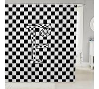 Rideaux de douche pour enfants à grille géométrique, lettre F, rideau de salle de bain élégant à carreaux, motif damier moderne, décoration d'intérieur, rideaux imperméables noirs et blancs, 12