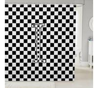 Rideaux de douche pour enfants à grille géométrique, lettre I, rideau de salle de bain élégant à carreaux, motif damier moderne, décoration d'intérieur, rideaux imperméables noirs et blancs, 12