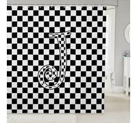 Rideaux de douche pour enfants à grille géométrique, lettre J élégant patchwork à carreaux, décoration d'intérieur, rideaux imperméables noirs et blancs, 12 crochets, 183 x 198 cm (l x L)