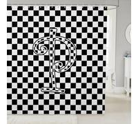 Rideaux de douche pour enfants à grille géométrique, lettre P, rideau de salle de bain élégant à carreaux, motif damier moderne, décoration d'intérieur, rideaux imperméables noirs et blancs, 12