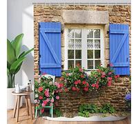 Rideaux de Douche Salle de Bain Jardin 180x240, 3D Fleurs Plantes fenêtre Bleue Mur de Pierre Paysage extérieur Image Nature avec Crochets Tissu étanche Lavable
