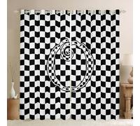Rideaux de fenêtre à grille géométrique, lettre O élégants en patchwork à carreaux, motif damier moderne, décoration de chambre d'enfant, chambre à coucher, salle de jeux, noir et blanc, 2 panneaux