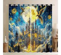 Rideaux de fenêtre château magique, jaune, lune, bleu, galaxie, ciel pour enfants, adolescents, adultes, mythes exotiques, oiseaux, animaux mystérieux, rideaux pour salon, 2 panneaux, 168 x 183 cm (l