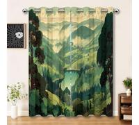 Rideaux de fenêtre Illustration de la Vue sur Le lac de la vallée filtrant la lumière Intérieurs Salon Vert Sauge Transparent avec des Éléments Modernes pour Chambre 140L X 260H cm (2 Panneaux)