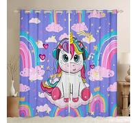 Rideaux de fenêtre licorne arc-en-ciel pour décoration de chambre d'enfants, garçons, filles, nuages, étoiles, cœurs, œillets sur le dessus, ensemble de 2 panneaux de rideaux pour chambre à coucher,