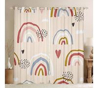 Rideaux de fenêtre mignons arc-en-ciel cœurs et nuages, rideaux de fenêtre de style dessin animé arc-en-ciel pour décoration de chambre d'enfant et de fille, ensemble de 2 panneaux à œillets pour