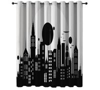 Rideaux de fenêtre Silhouette de Ville de Science-Fiction filtrant la lumière Intérieurs Salon Noir Blanc Transparent avec des Éléments Modernes pour Chambre 91.5L X 214H cm (2 Panneaux)