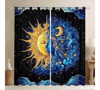 Rideaux de fenêtre soleil et lune - 2 panneaux - 168 x 183 cm - Style bohème exotique - Pour enfants, adolescents et adultes - Motif vagues bleues - Pour salon