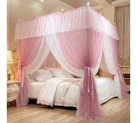 Rideaux de lit à baldaquin à Quatre Coins, Baldaquin pour lit à Quatre poteaux, Rideaux de lit Princesse, Moustiquaire en Dentelle Double Broderie, 3 Ouvertures latérales, Décoration pour ch
