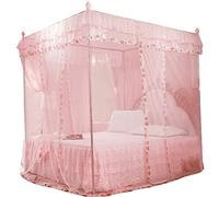 Rideaux de Lit à Baldaquin aux Coins, Moustiquaire Filet Anti-moustique Moustiquaire Quatre Coin Baldaquin de Style Princesse Conception à Trois Ouvertures Latérales pour Filles(150*200*200-Rose)